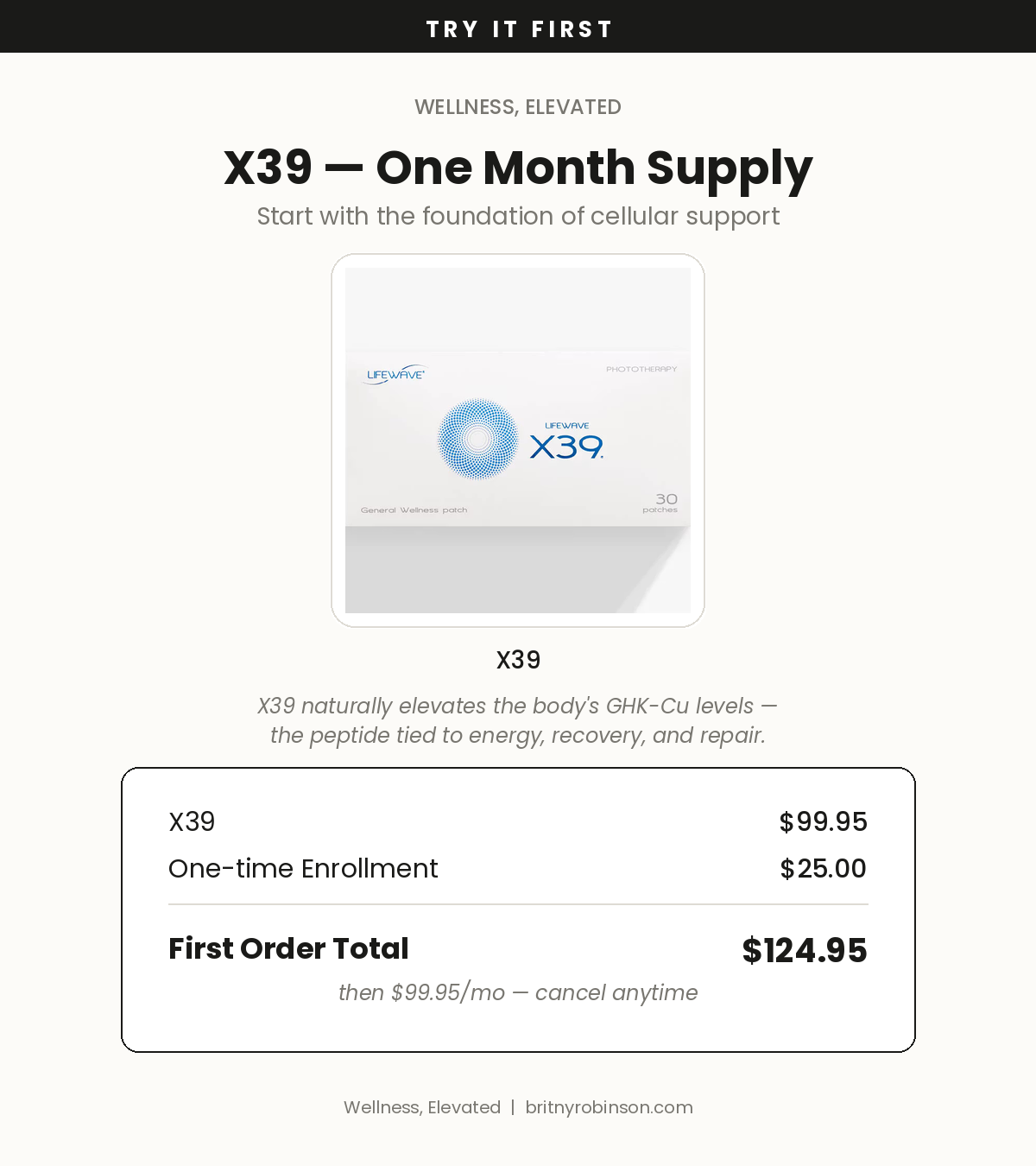 A webpage promoting the X39 One Month Supply wellness patch, showing product image, description, and pricing details of $124.95 for the first order, including a one-time enrollment fee.