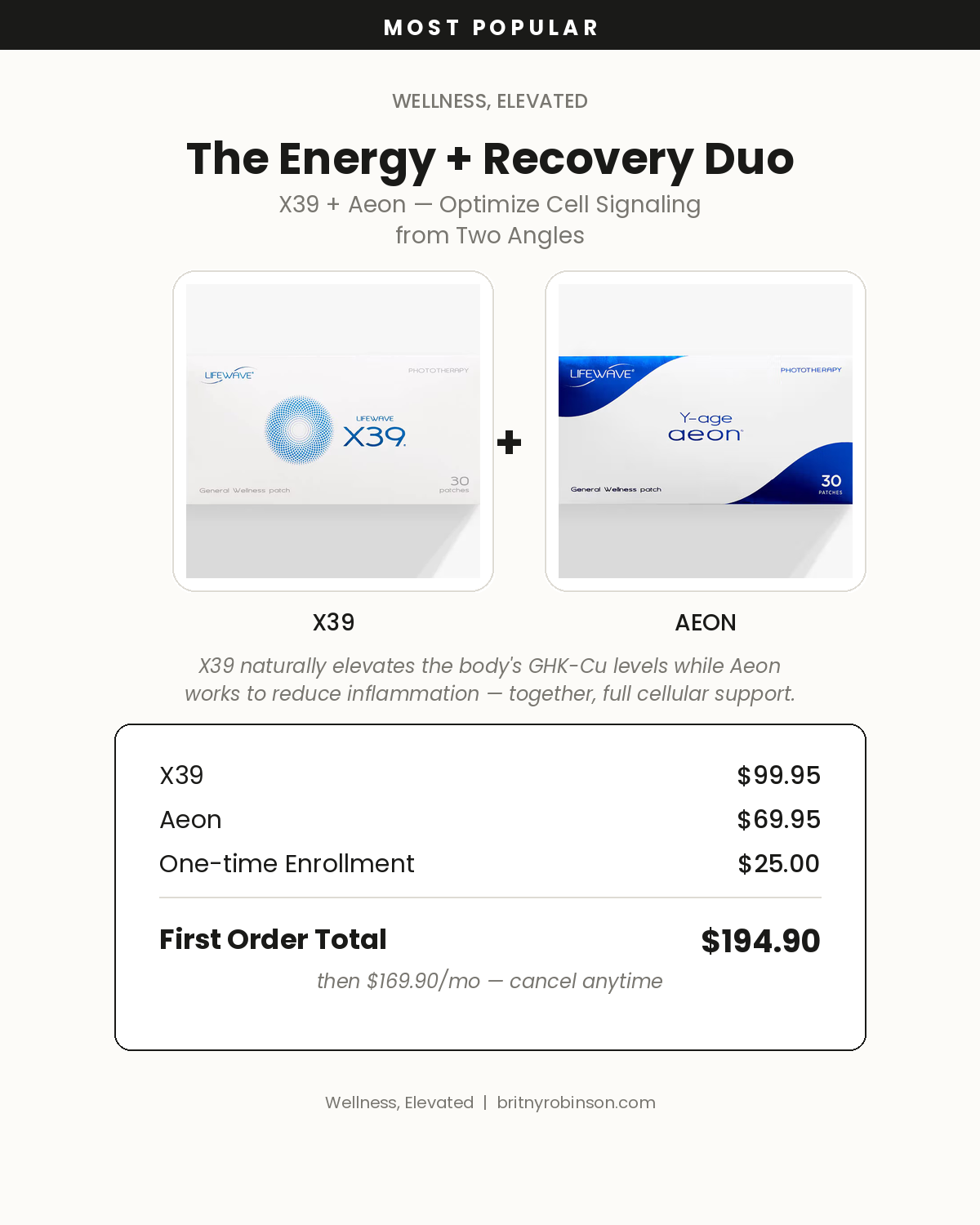 Advertisement for wellness patches called X39 and AEON, highlighting their benefits and pricing, with a focus on cellular support and inflammation reduction.