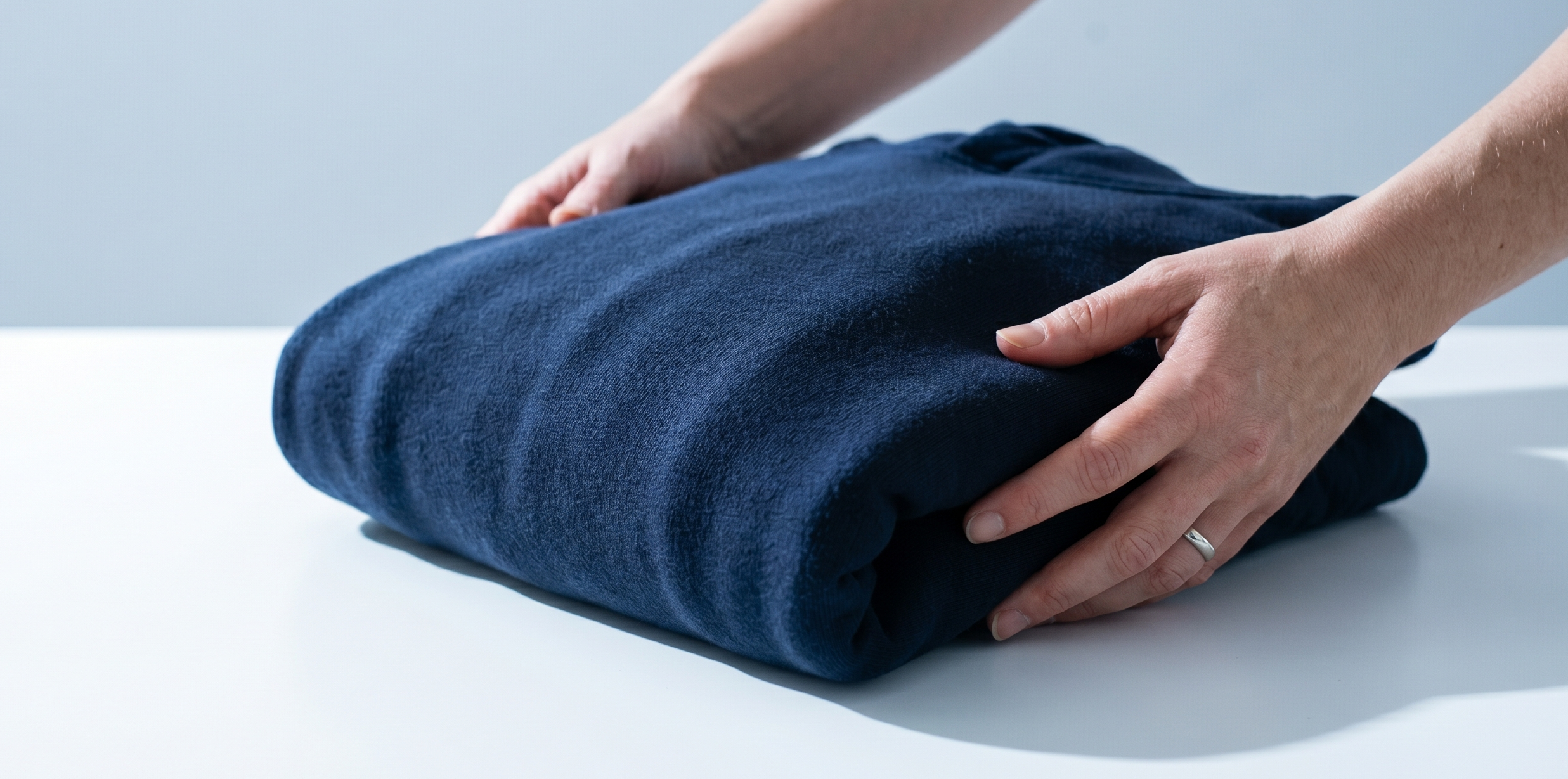Hands holding a premium folded navy hoodie against a clean white surface. Cool daylight. Crisp and editorial.