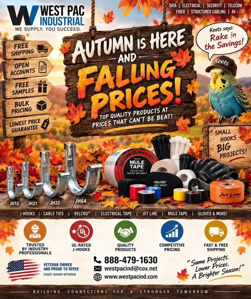 West Pac Industrial autumn-themed graphic featuring J-hooks, cable ties, Velcro, electrical tape, jet line, mule tape, gloves, and contractor supply benefits.