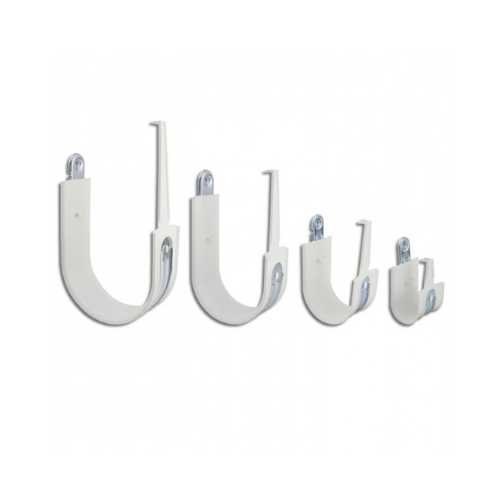 Four white J hooks of different sizes arranged from largest to smallest.