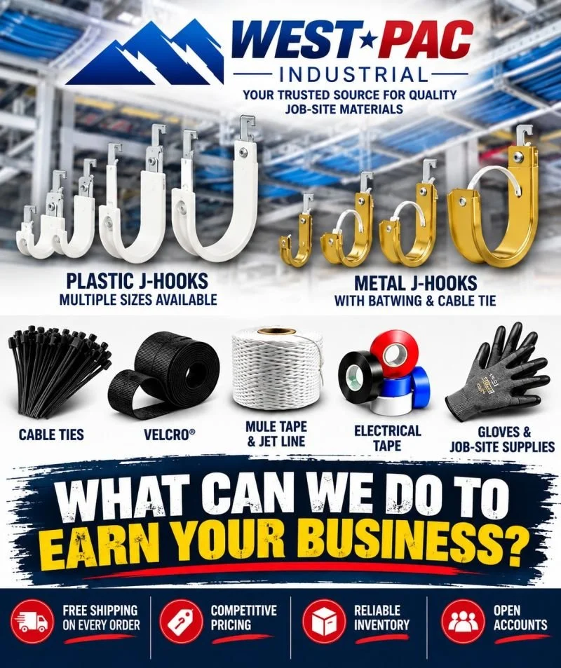 West Pac Industrial product graphic featuring plastic and metal J-hooks, cable ties, Velcro, mule tape, electrical tape, gloves, and contractor job-site materials.
