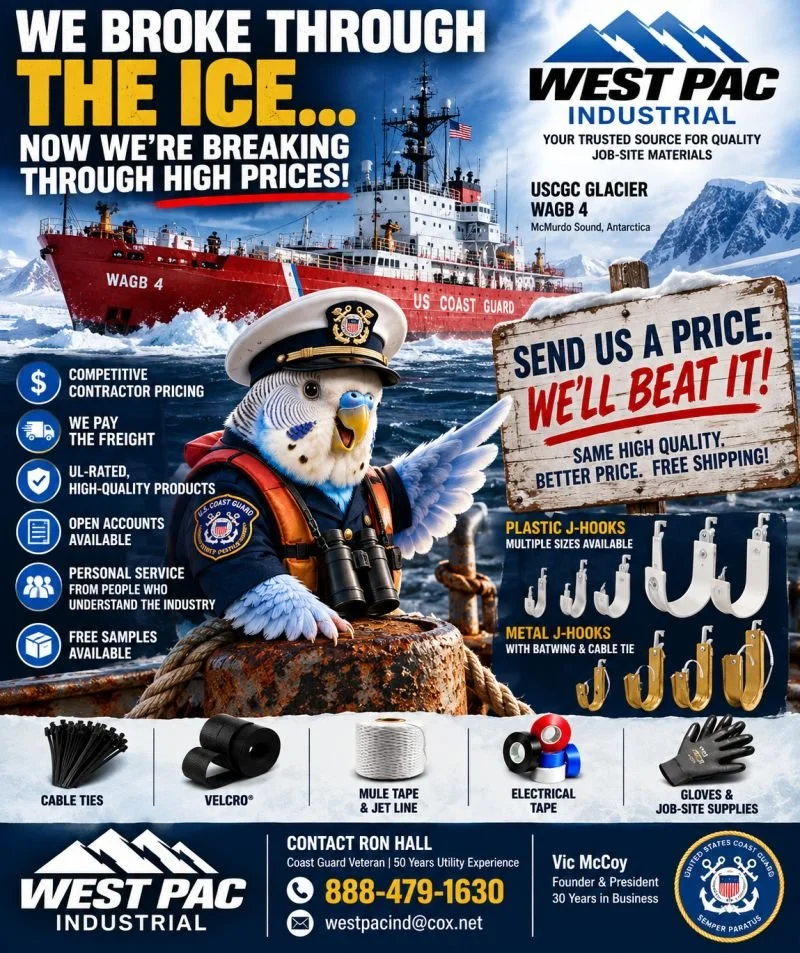West Pac Industrial graphic with Coast Guard icebreaker theme promoting plastic J-hooks, metal J-hooks, cable ties, Velcro, mule tape, electrical tape, gloves, and job-site supplies.
