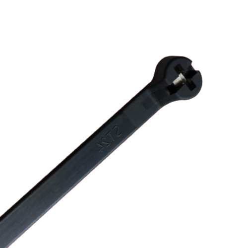 A single black zip tie, on a white background.