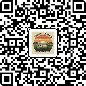 QR code with Buddy Check Ranch logo at the center, depicting a sunset over mountains with a horse and rider.