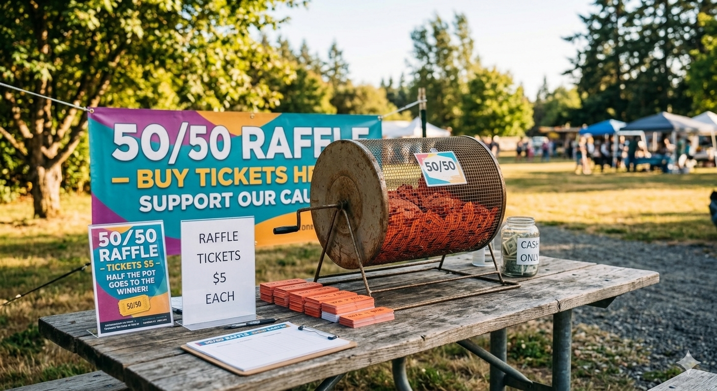 A raffle ticket stand at an outdoor event, with a sign advertising a 50/50 raffle, tickets for $5 each, and a large metal drum filled with tickets. There are containers for cash, a clipboard, and a sign to buy tickets. In the background, tents and people are visible in a park setting with trees and sunlight.