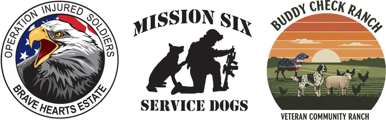 A circular emblem with an eagle's head and the words 'Operation Injured Soldiers' and 'Brave Hearts Estate', a silhouette of a soldier and a service dog with the words 'Mission Six', and a circular badge with a farm scene and dogs, with the phrases 'Buddy Check Ranch' and 'Veteran Community Ranch'.
