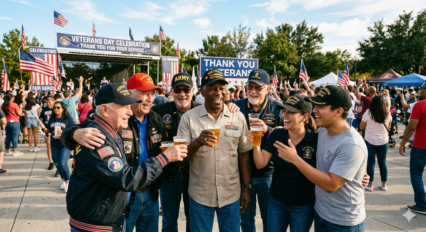 Veterans Day celebration with veterans and civilians holding drinks and smiling in front of a stage decorated with American flags and banners thanking veterans.