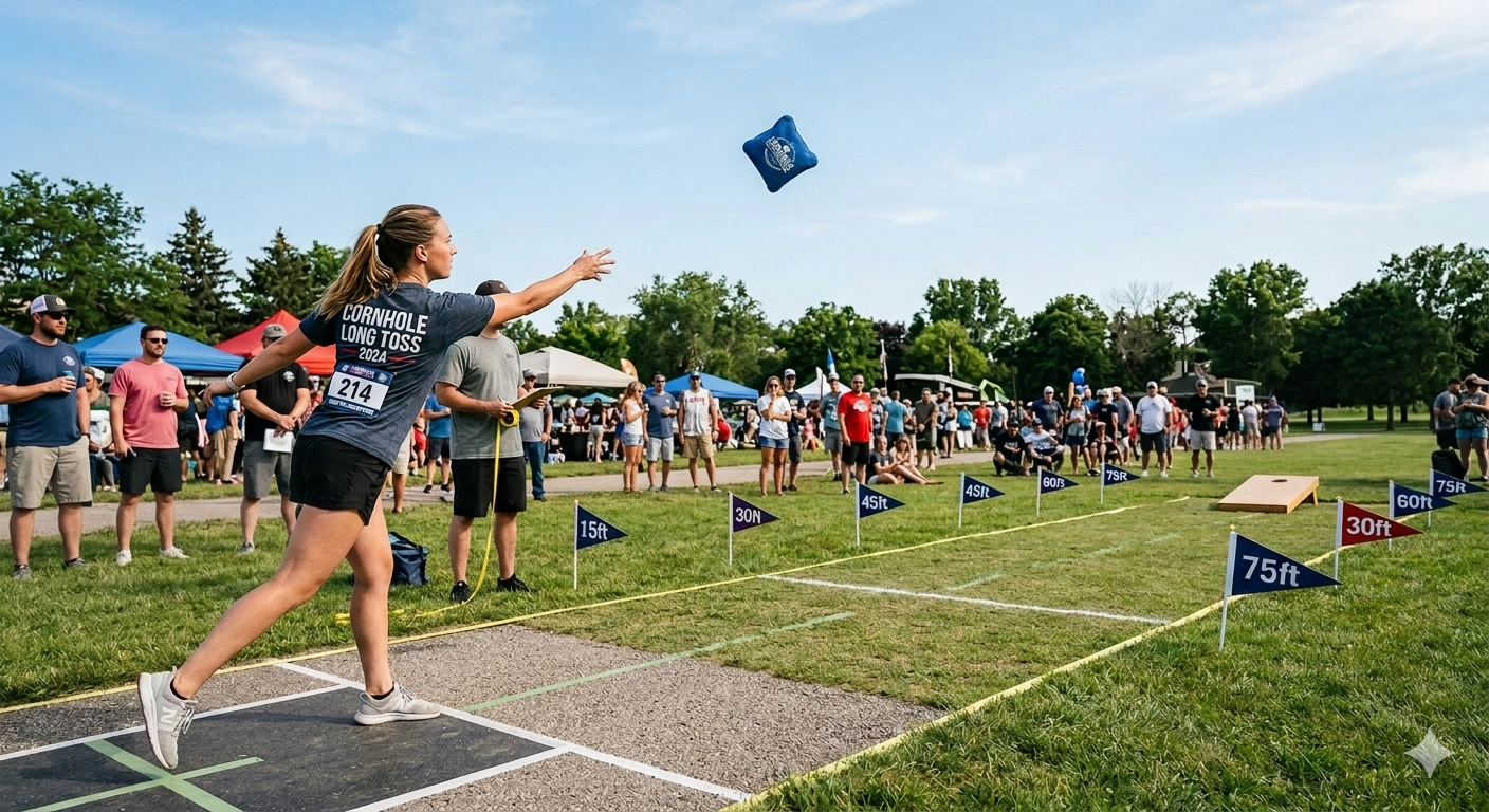 A woman throws a shot put on a grassy field at an outdoor track and field event. People watch in the background with tents and trees lining the area.
