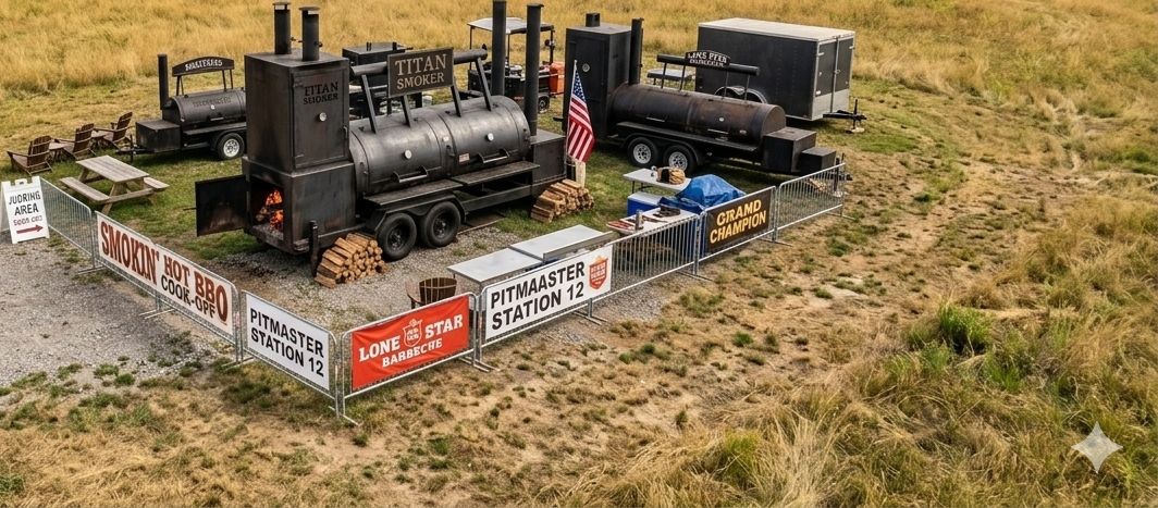 A fenced backyard setup with large black smokers and grills labeled 'Titan Senior' and 'Titan Smoker,' surrounded by a grassy field. There are signs advertising BBQ and a barber shop, with stacks of wood and a small American flag.
