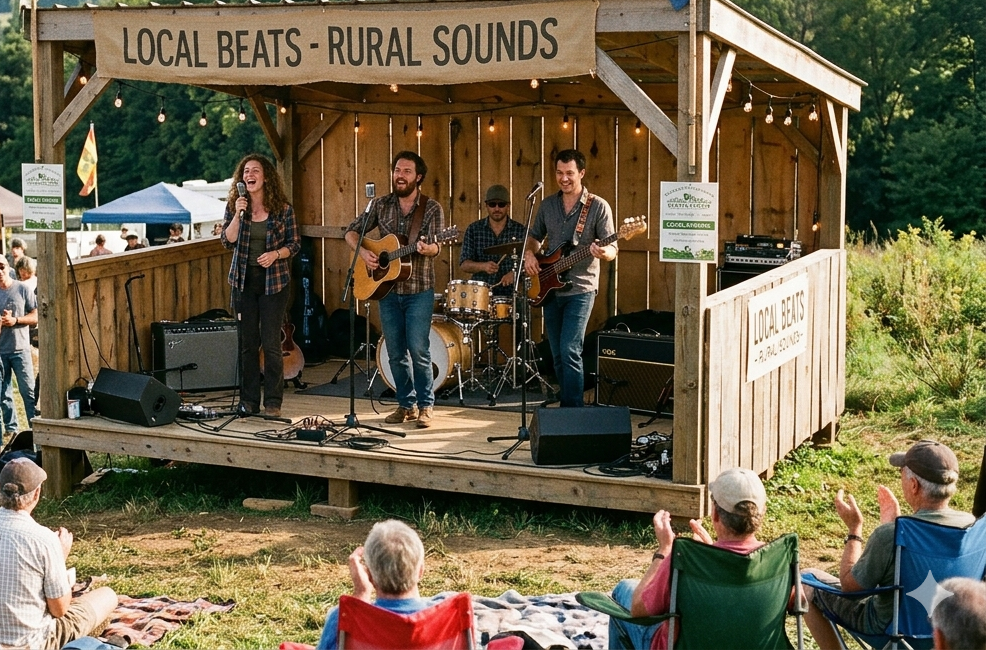 A band performing on a small wooden outdoor stage titled 'Local Beats - Rural Sounds' at an outdoor event with people sitting on blankets and folding chairs in front, clapping and enjoying the music.