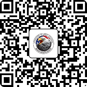 QR code with a central logo of a bald eagle, American flag, and the text 'For Freedom and Justice, We Serve Our Country'.