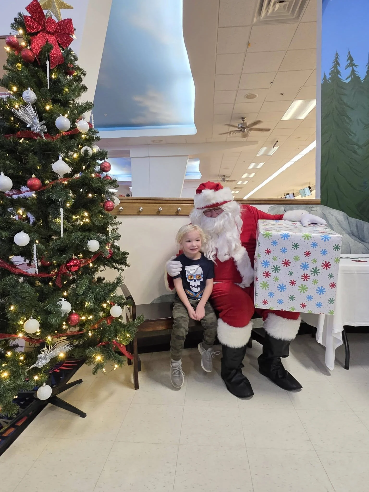 A young boy sitting next to Santa Claus dressed in a red suit with a white beard. They are in a decorated Christmas setting with a large Christmas tree adorned with red and white ornaments and lights on the left side. Santa has a large wrapped gift w