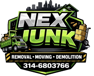 Logo for Nex Junk, a removal, moving, and demolition company, featuring a cityscape, a green truck, and moving boxes with a phone number 314-6803766.