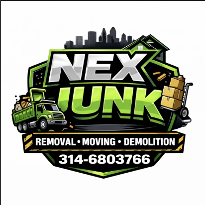 Logo for NEX Junk featuring a cityscape, a trash truck, and a house with boxes, with text indicating removal, moving, demolition services, and a phone number.
