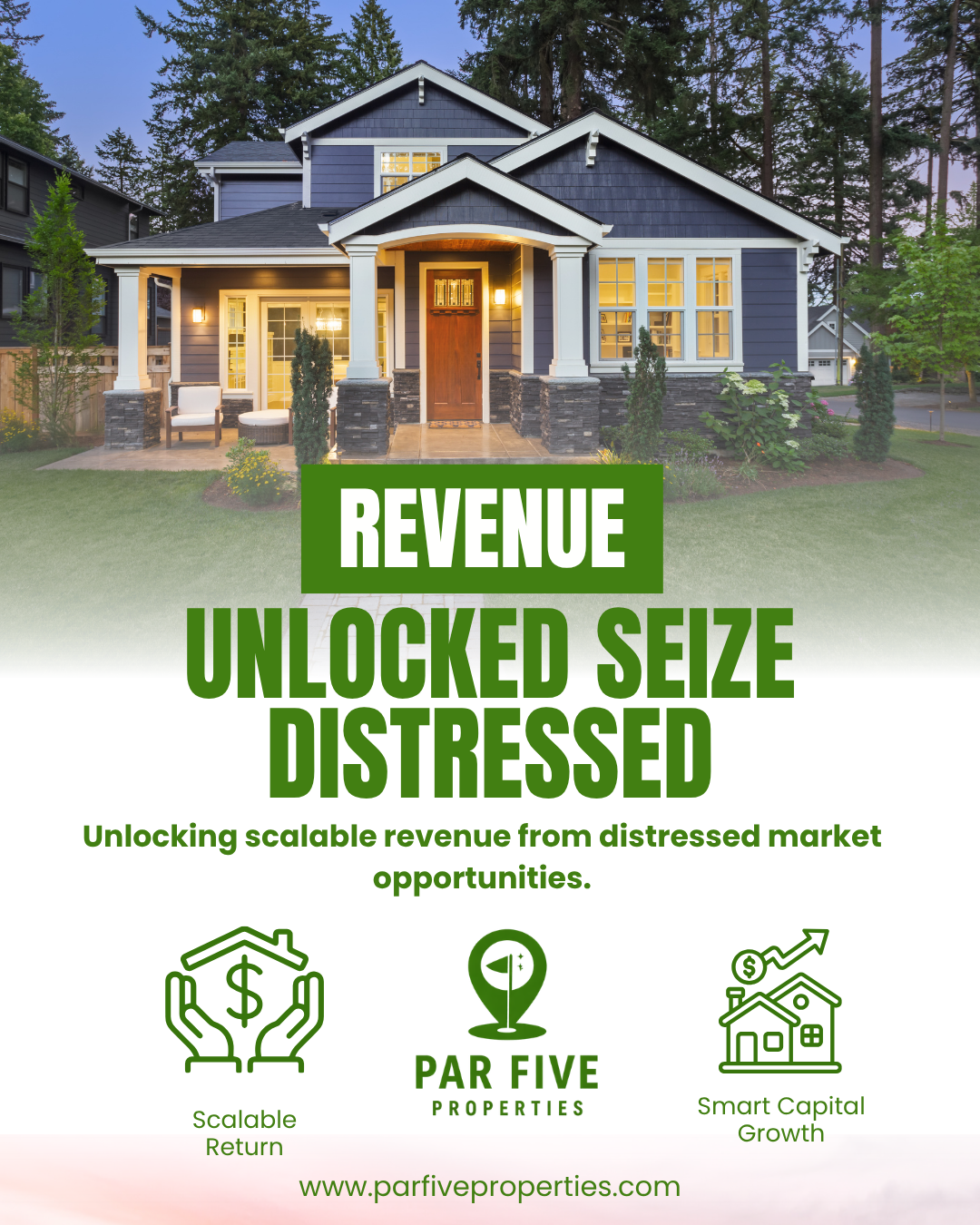 A two-story house with a dark blue exterior and stone accents, illuminated by exterior lights, with a front porch and well-maintained lawn. Overlaid text promotes real estate and property investment.