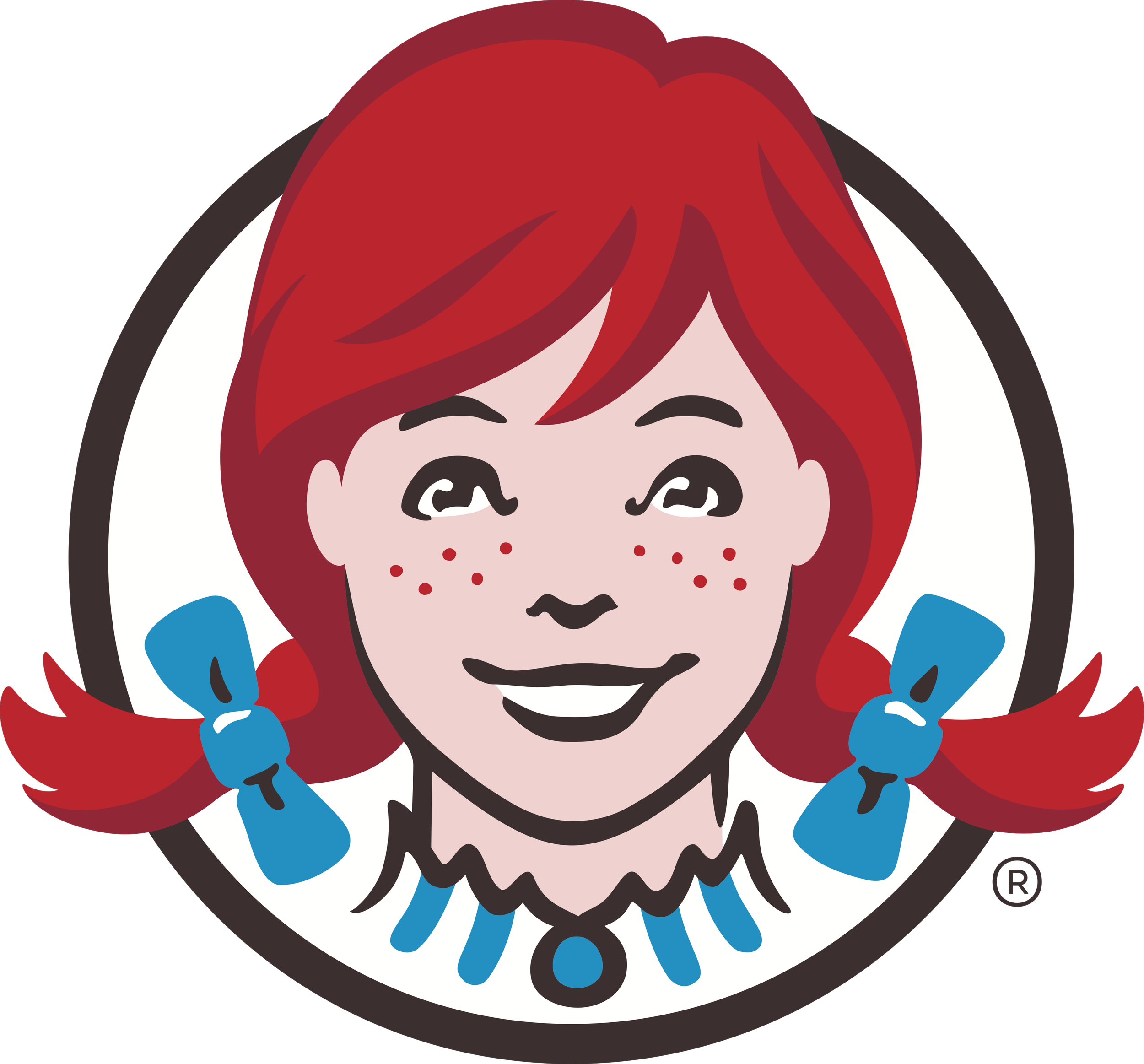 Cartoon illustration of a smiling girl with red hair tied in pigtails with blue bows, freckles on her face, and a white collar with a blue necklace, logo style.