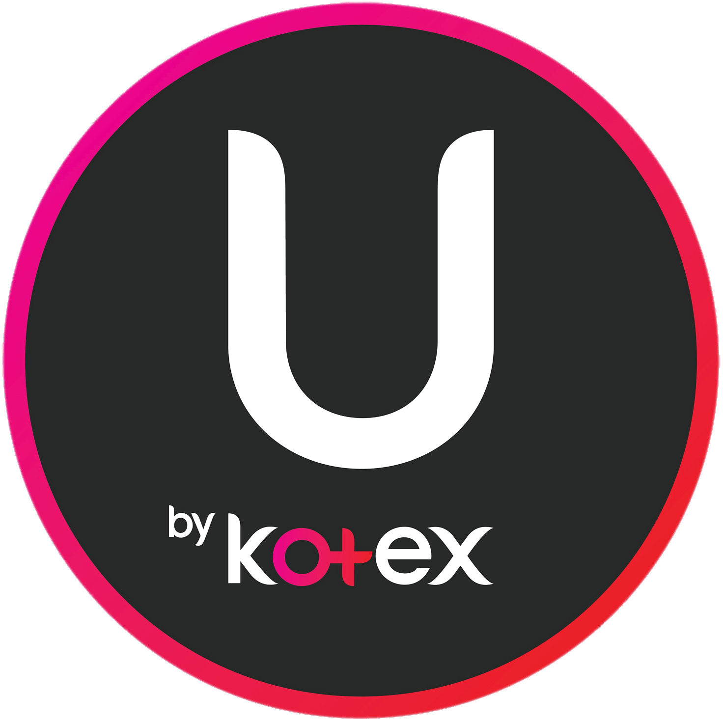 Logo of U by Kotex, a feminine hygiene brand, with a stylized 'U' and the words 'by Kotex' below it, on a black background with a pink and orange border.