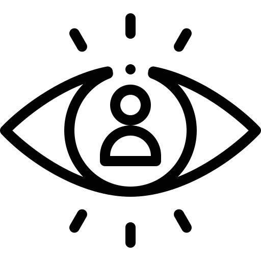 An eye with an alert symbol inside and a person icon in the center, surrounded by lines indicating focus or alertness.