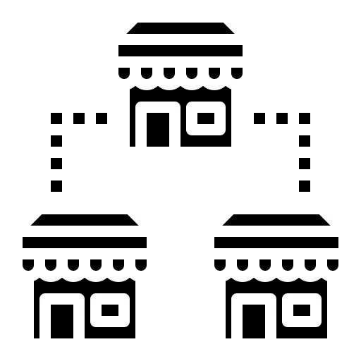 Black and white pixel art of two small houses with pitched roofs and a central building with a flat roof, connected by a fence.