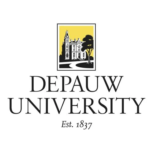 Depauw University logo featuring a black and white illustration of a historic building with a tall tower, a tree, and a yellow background, with the text "DEPAUW UNIVERSITY" and "Est. 1837" beneath.