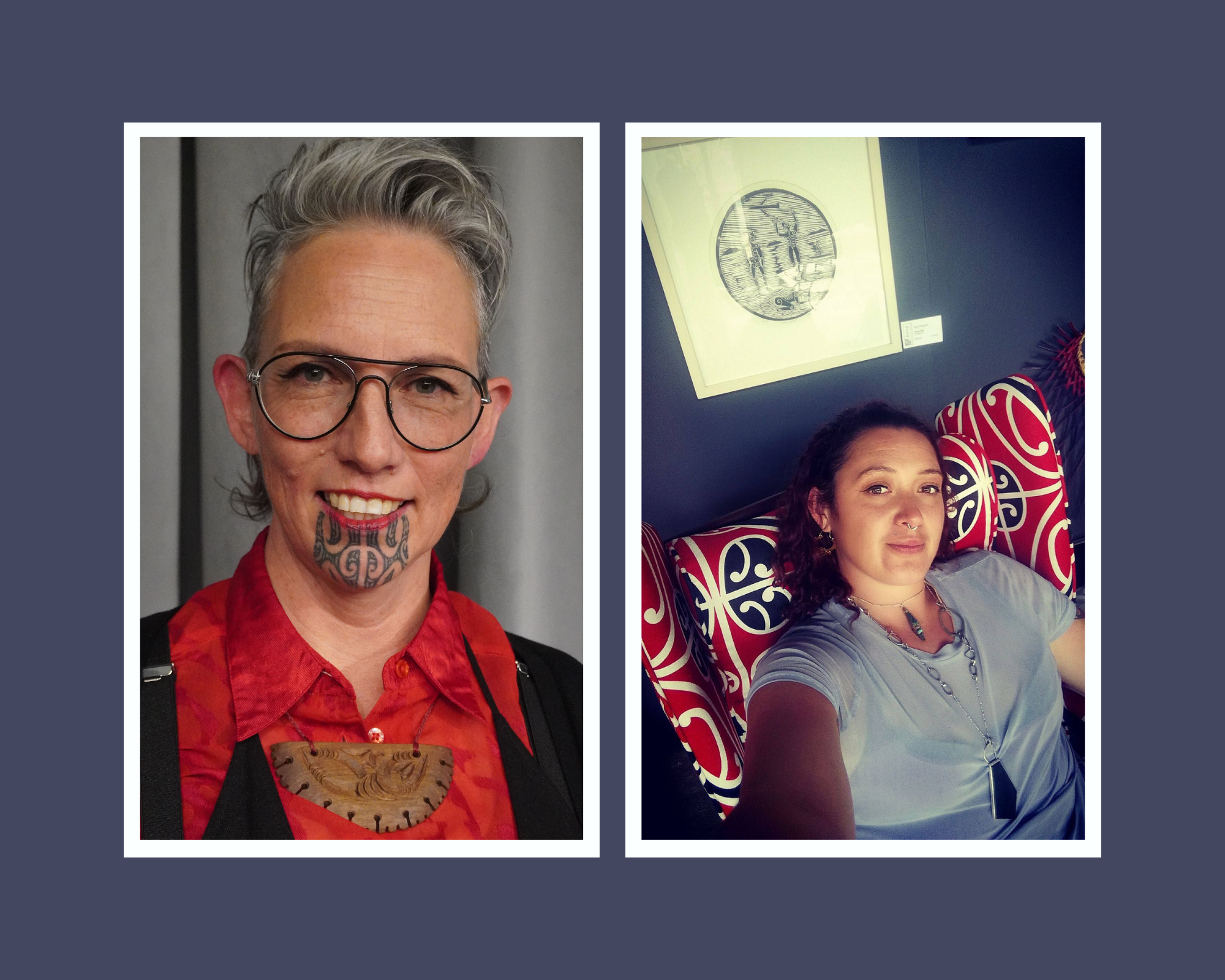 Photo of Hinemoana Baker, who wears black glasses and a bright red shirt and photo of Keri-Mei Zagrobelna who sits on a couch with red,black and white koru designs on it.