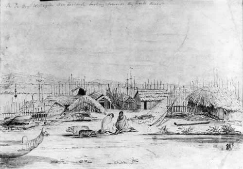 An old black and white artists impression of Te Aro pā.