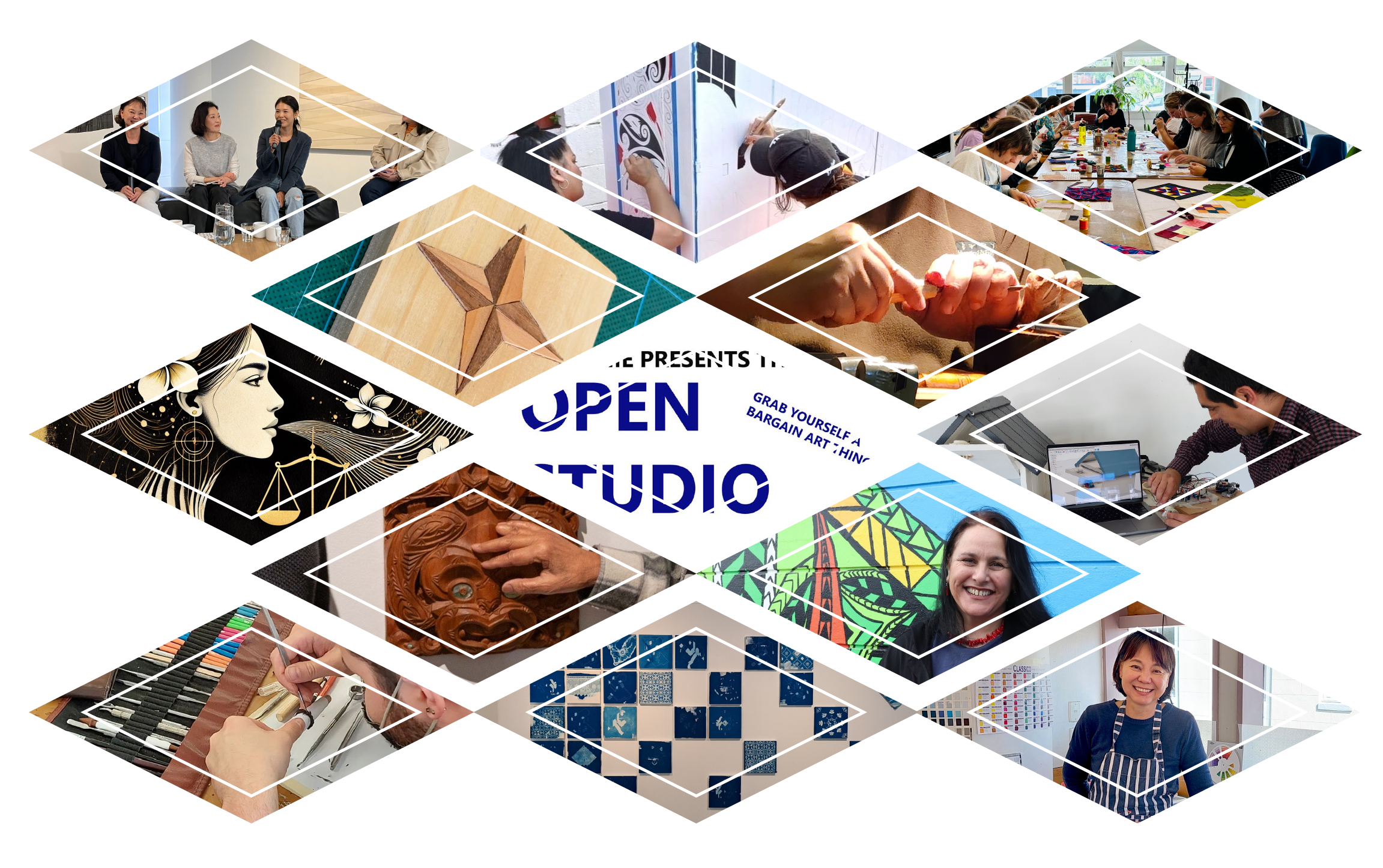 A vibrant collage featuring various artists, community events, and studio spaces at Toi Pōneke.