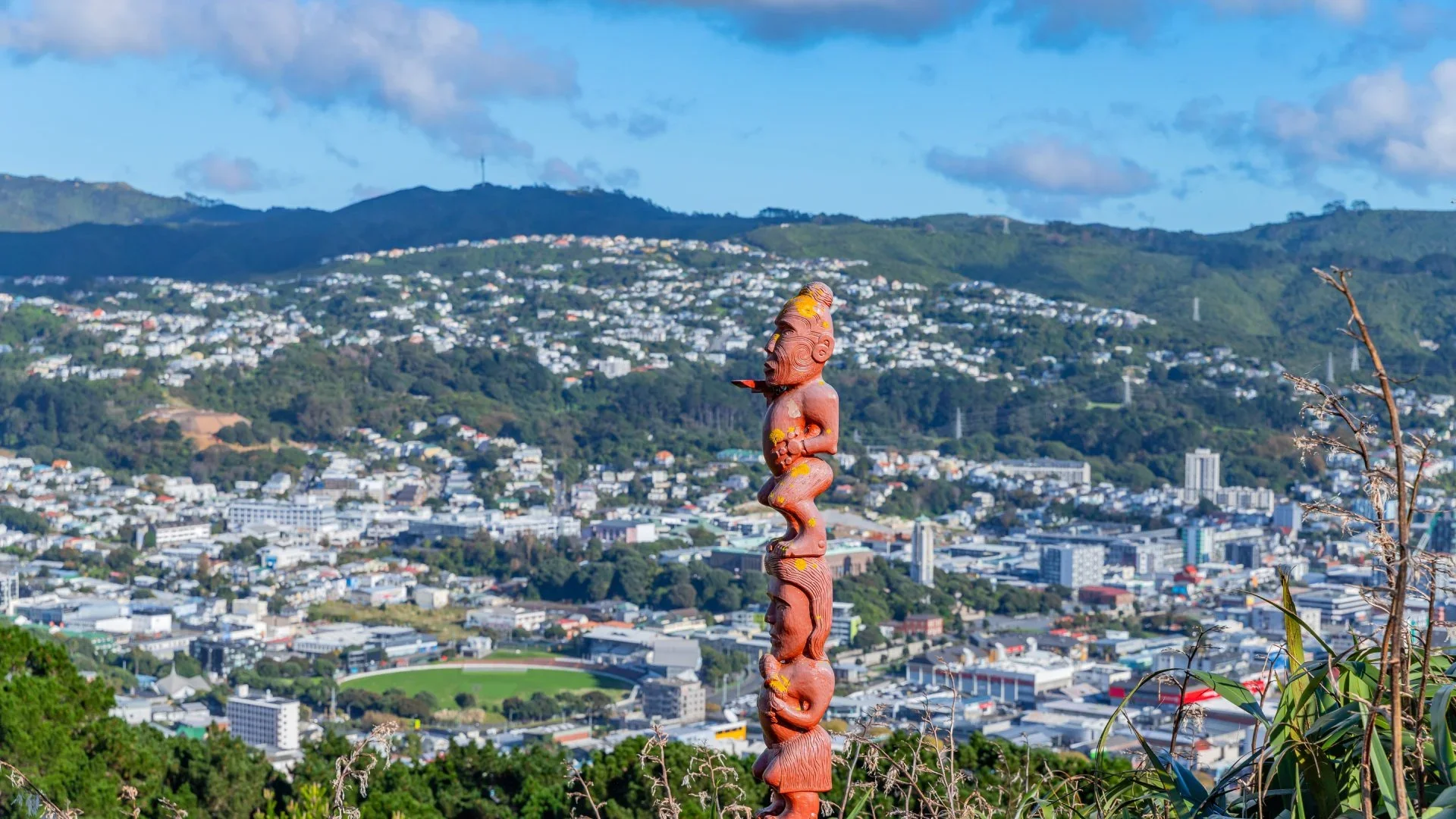 A poupou sitting above the maunga in Wellington.