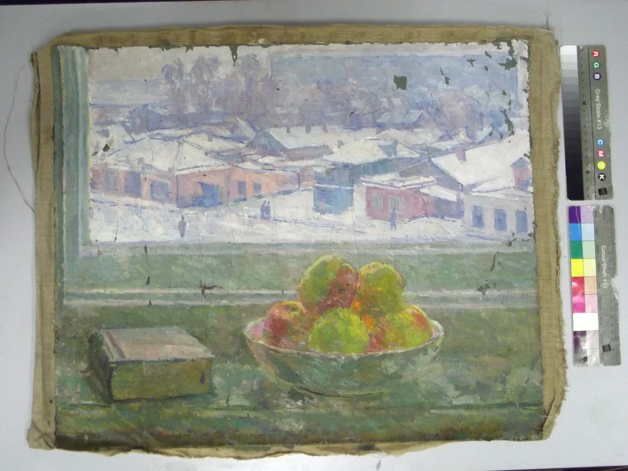 Antes de la restauración. A. B. Yumashev, «Naturaleza muerta junto a la ventana», primera mitad del siglo XX, 35х40 cm. Óleo sobre tela. Colección privada.