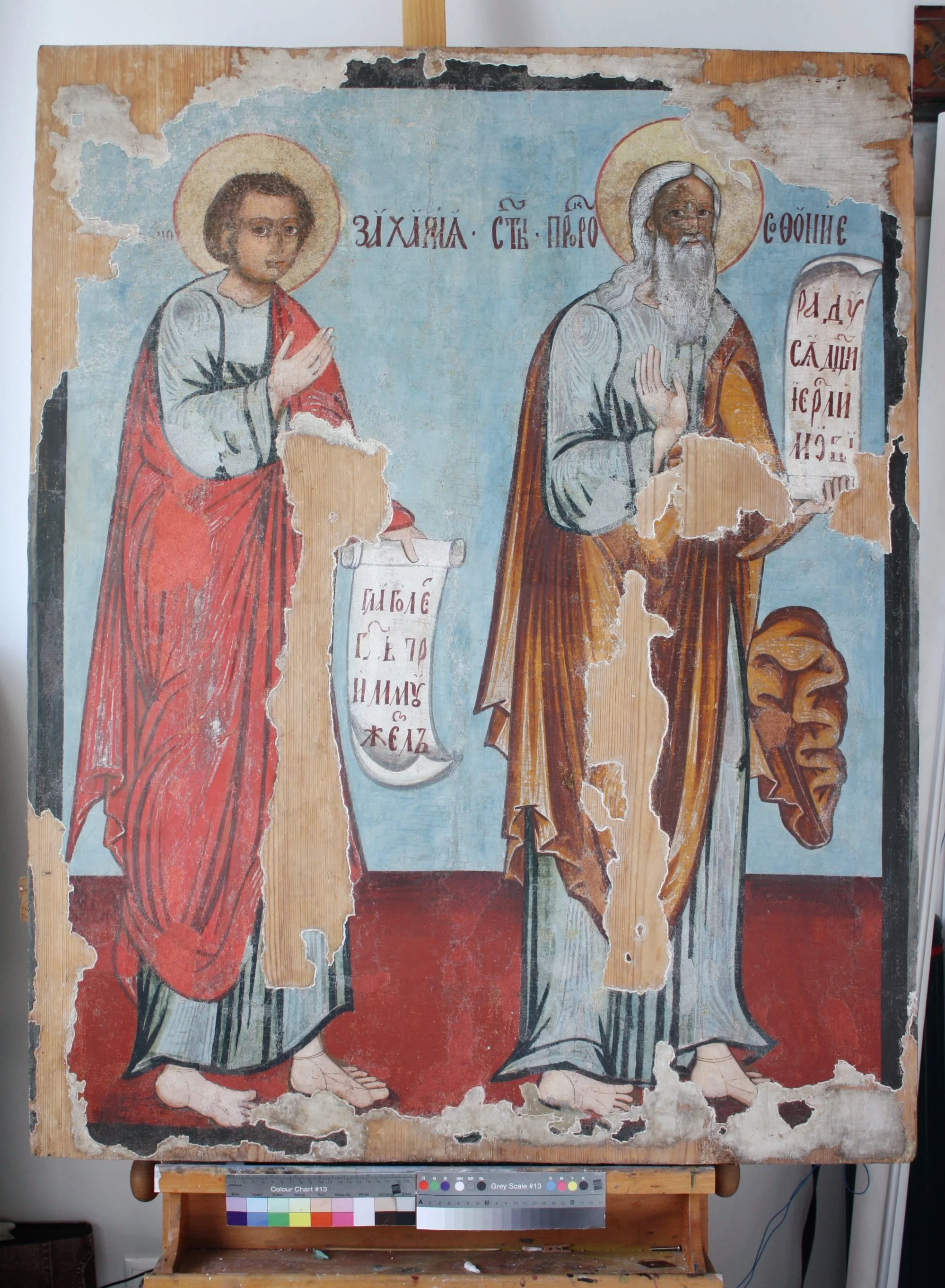 Después de la restauración. Icono «Profeta Zacarías y profeta Sofonías», siglo XVIII, 117,5 × 92,5 × 3,4 cm. Iglesia de la Dormición de la Santísima Virgen María, pueblo Kostretsy, región de Tver.