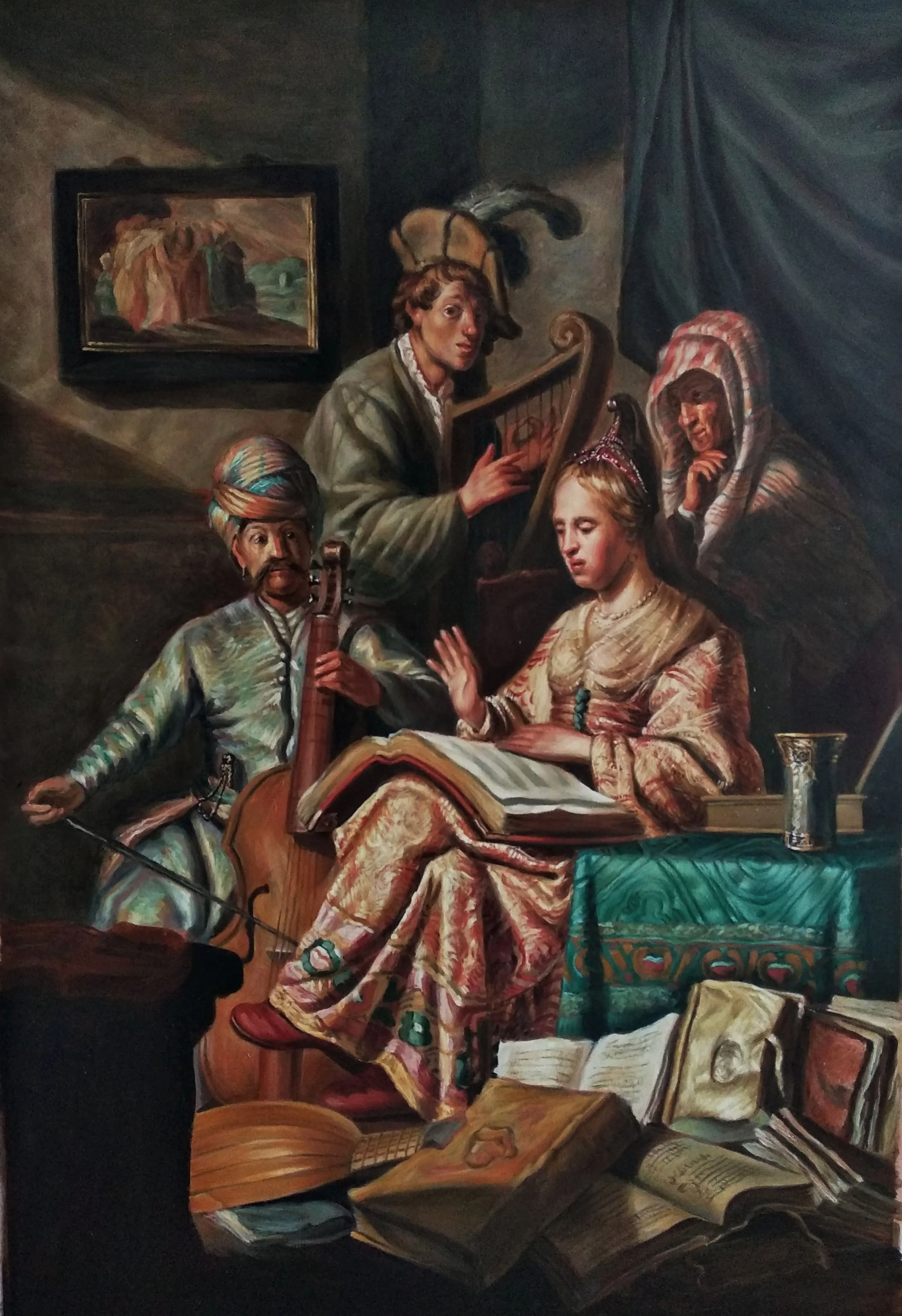 Copia de «Alegoría de la música», Rembrandt, 120 × 80 cm. Óleo sobre tela.