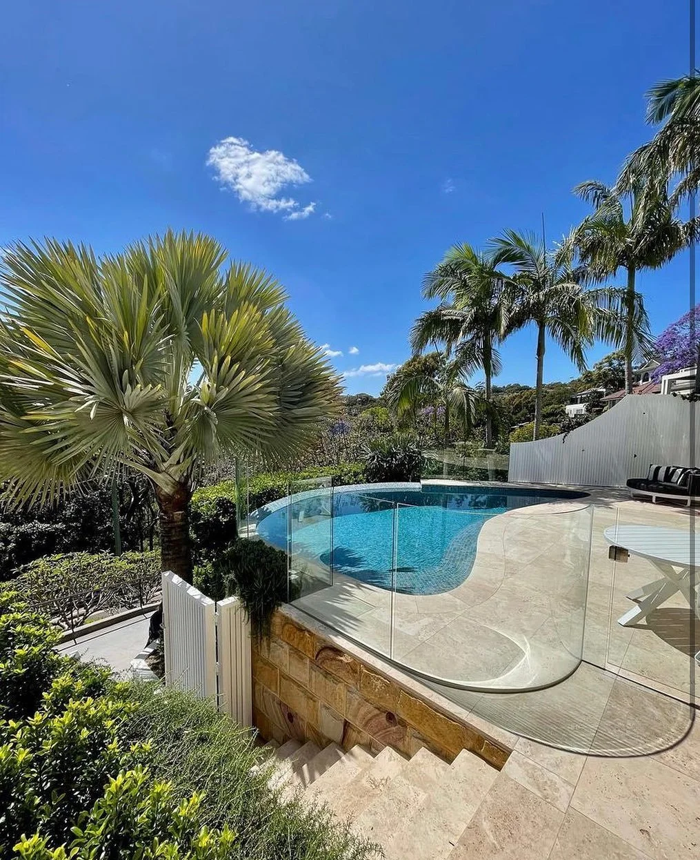 A backyard with a swimming pool enclosed with glass fencing, surrounded by palm trees and lush greenery, under a bright blue sky with a small cloud.