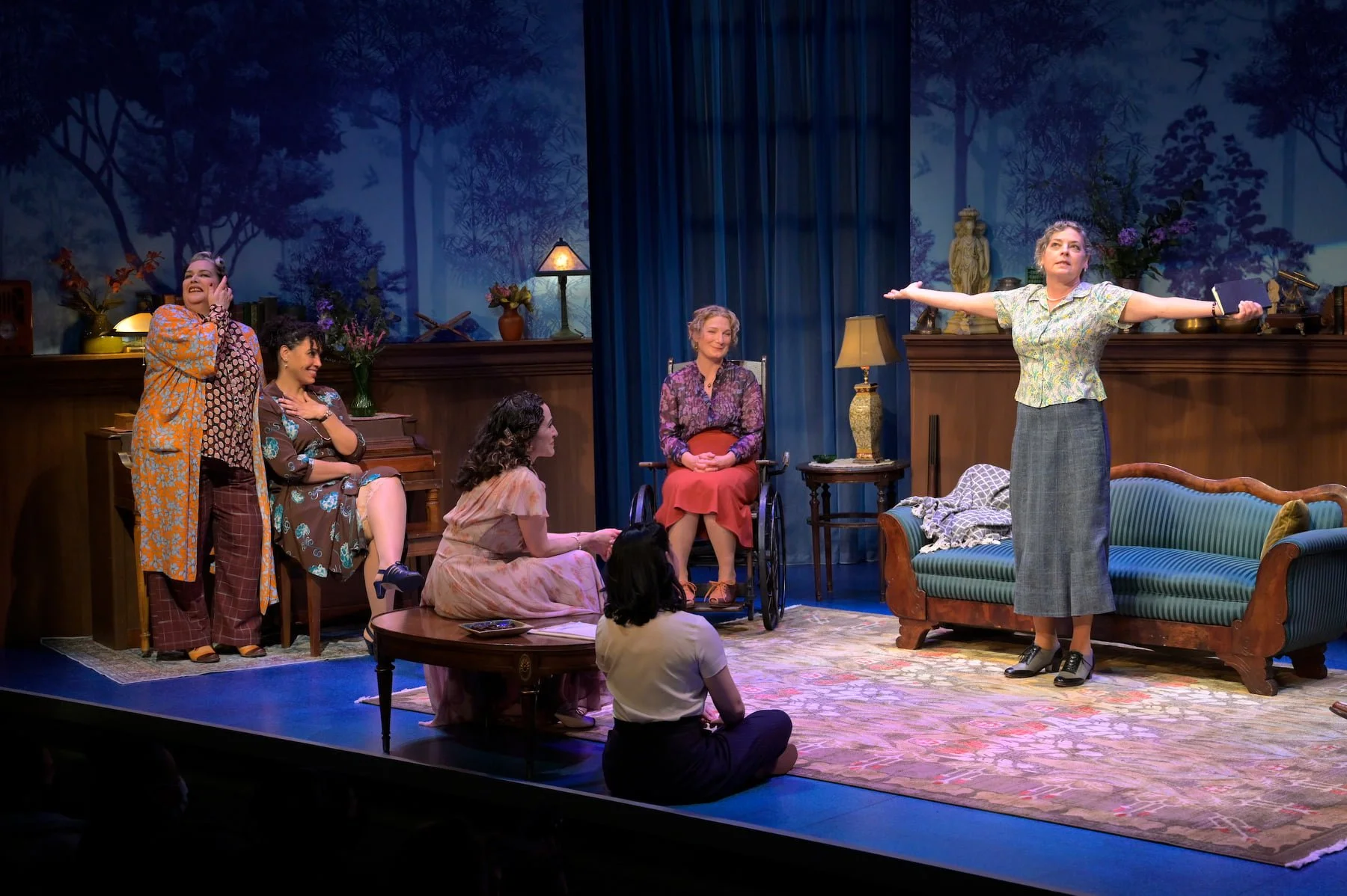 Fefu & Her Friend's @ ACT-SF
Hair & Makeup Design/Wigs & Makeup Manager Consuelo T. Lopez-Robbins
photo by Kevin Berne
Pictured: Catherine Castellanos, Leontyne Mbele-Mbong, Sarita Ocón, Jennifer Ikeda (seated on ground), Lisa Anne Porter, and Stacy 