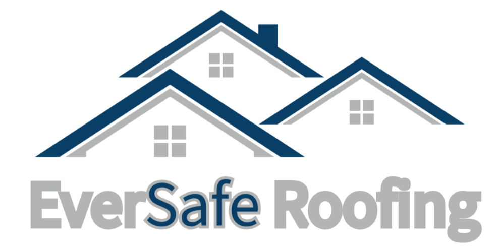 Logo for EverSafe Roofing featuring three overlapping blue and gray house rooftops and the company name with "EverSafe" in large gray letters and "Roofing" in smaller gray letters.