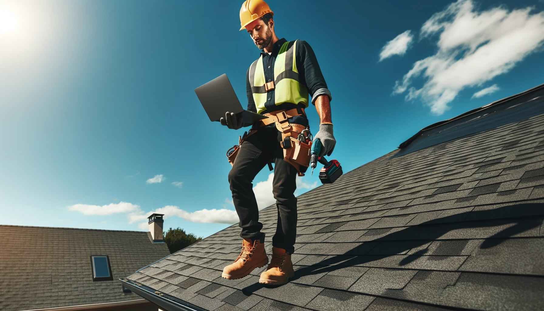 A man wearing a yellow safety helmet, a reflective vest, gloves, work boots, and a tool belt is standing on a sloped roof. He is looking at a laptop in his left hand and holding a cordless drill in his right hand. The sky is clear with some clouds, and there are houses with similar roofs in the background.