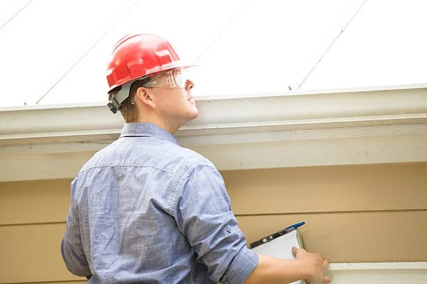 A construction worker in a red hard hat and blue shirt inspecting a building.