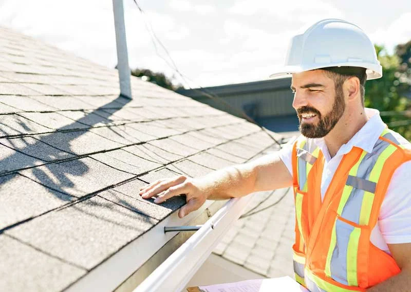 A construction worker inspecting the roof of a house on a sunny day, wearing a white safety helmet and a reflective orange and yellow safety vest.