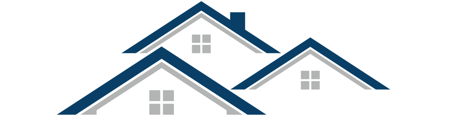 Illustration of three houses with peaked roofs, gray walls, and small windows, overlapping each other.