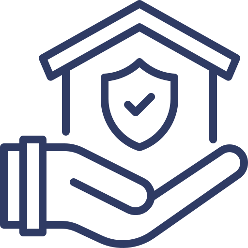 Outline of a house with a shield and checkmark inside, supported by a hand, representing home protection or insurance.