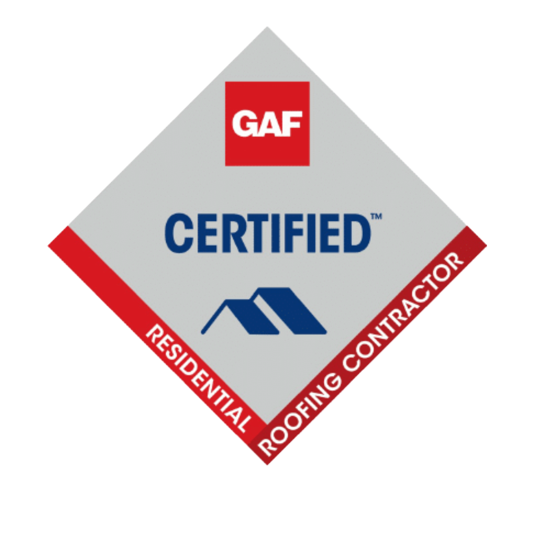 GAF Certified Residential Roofing Contractor logo with red, white, and blue colors.