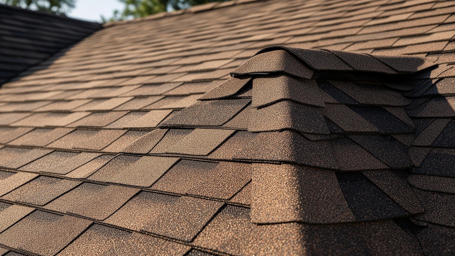 Close-up view of a rooftop with brown asphalt shingles, showing texture and layered arrangement, with part of the roof ridge visible.