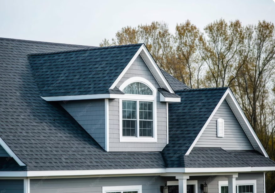 Close-up of a house roof with gray shingles, dormer window, and decorative gable trim, surrounded by trees.