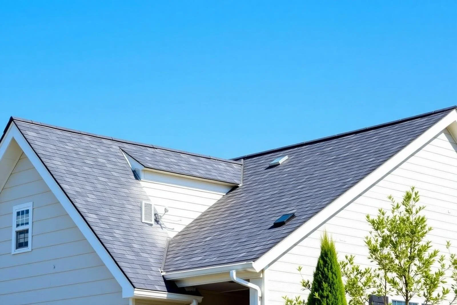 Close-up of a house roof with grey shingles, white house siding, and a small window, under a clear blue sky.
