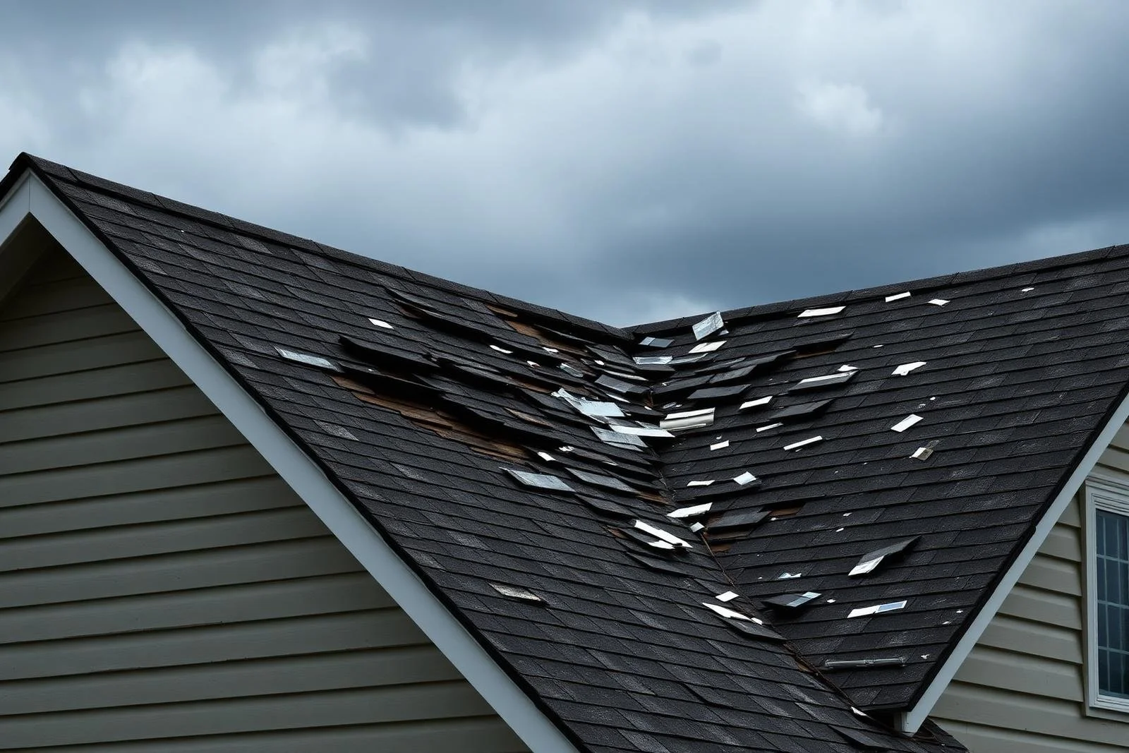 A house with damaged dark shingle roof, with shingles lifted and missing, under a cloudy sky.