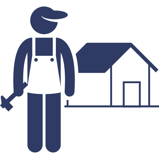A simple graphic illustration of a person in overalls holding a tool, standing outside near a house.