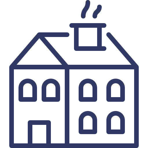 Line drawing of a house with a chimney emitting smoke.