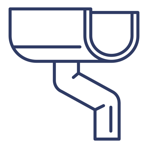 An illustration of a security camera with a rectangular body, mounted on a wall, with a curved mounting arm.