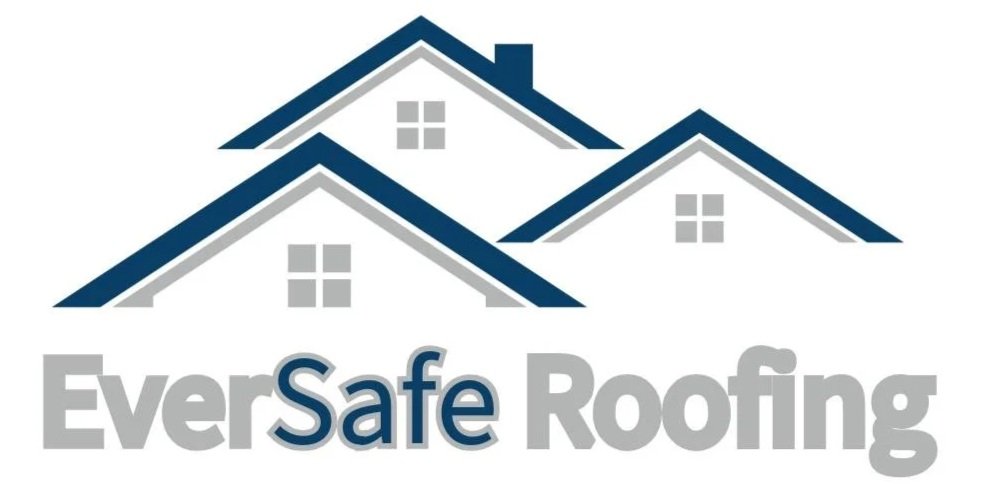 Logo for EverSafe Roofing featuring three stylized blue and gray house roofs and the company name.