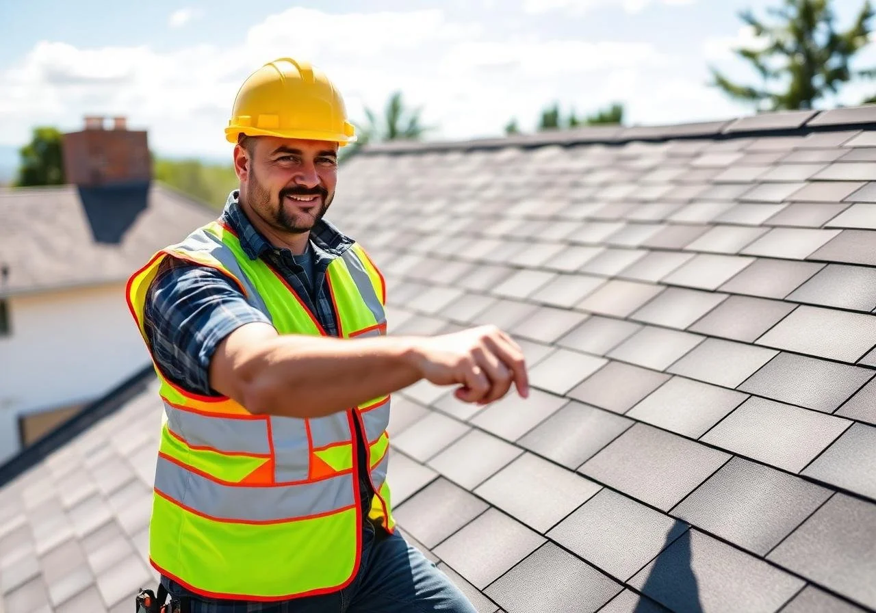 A man wearing a yellow hard hat and a high-visibility safety vest inspecting a shingled roof under a partly cloudy sky.